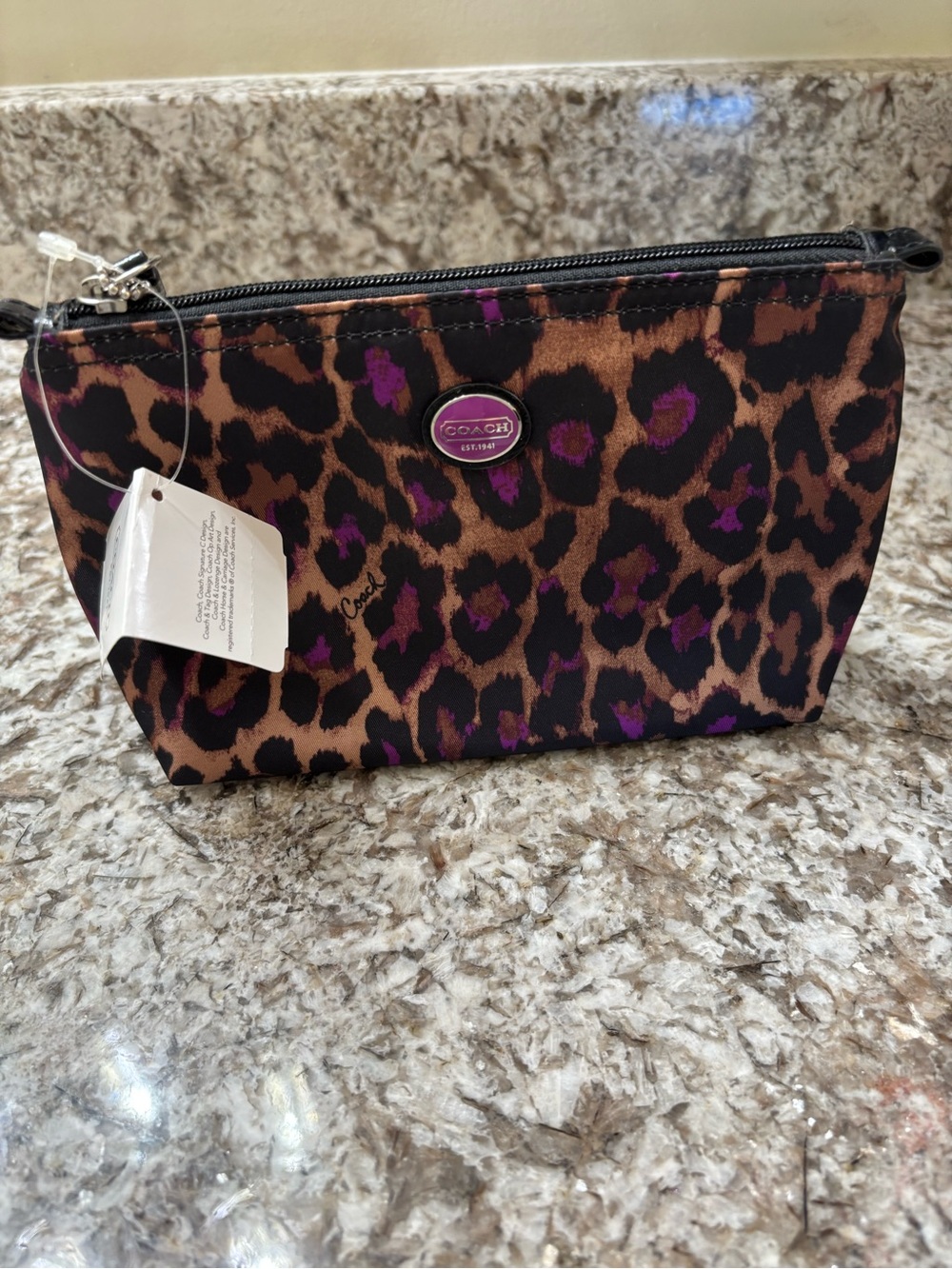 COACH Leopard Print Cosmetic Pouch in Brown and Purple
